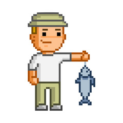 Vector 8 bit pixel art fishing for design