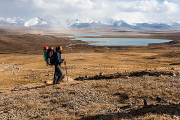 Hiker enjoying view at Tien Shan mountains