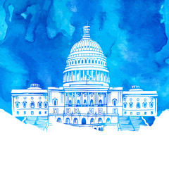 United States Capitol Building vector illustration on watercolor background