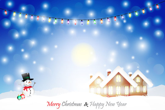 Christmas Greeting Card with snowman and small houses. Vector illustration.
