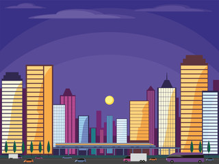 Abstract image of a modern night city. Cityscape with tall buildings, skyscrapers and high speed rail. Vector background for design presentations, brochures, web sites and banners.