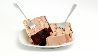 Chocolate cake on white plate . shot in studio