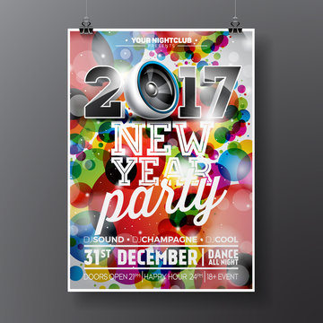 New Year Celebration Party illustration with 2017 holiday typography designs with speaker on shiny color background.