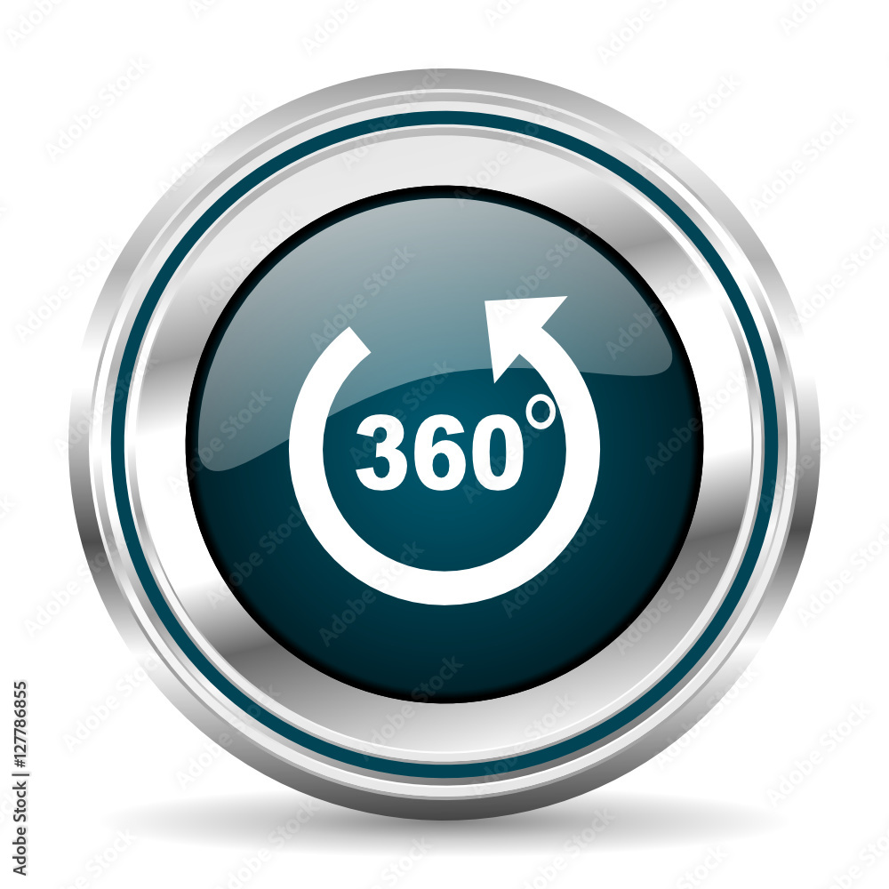 Poster 360 degrees panaorama vector icon. Chrome border round web button. Silver metallic pushbutton.