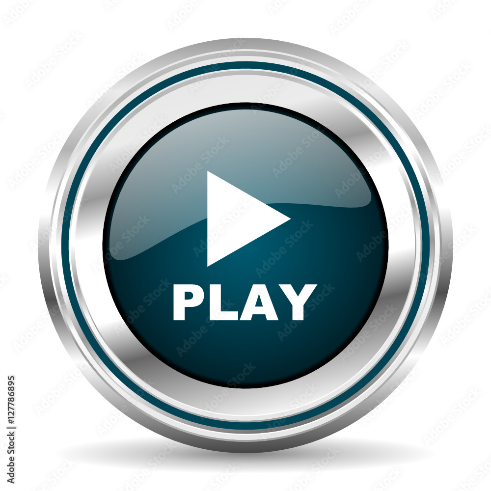 Poster Play vector icon. Chrome border round web button. Silver metallic pushbutton.