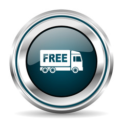 Free delivery vector icon. Chrome border round web button. Silver metallic pushbutton.