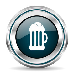 Beer vector icon. Chrome border round web button. Silver metallic pushbutton.