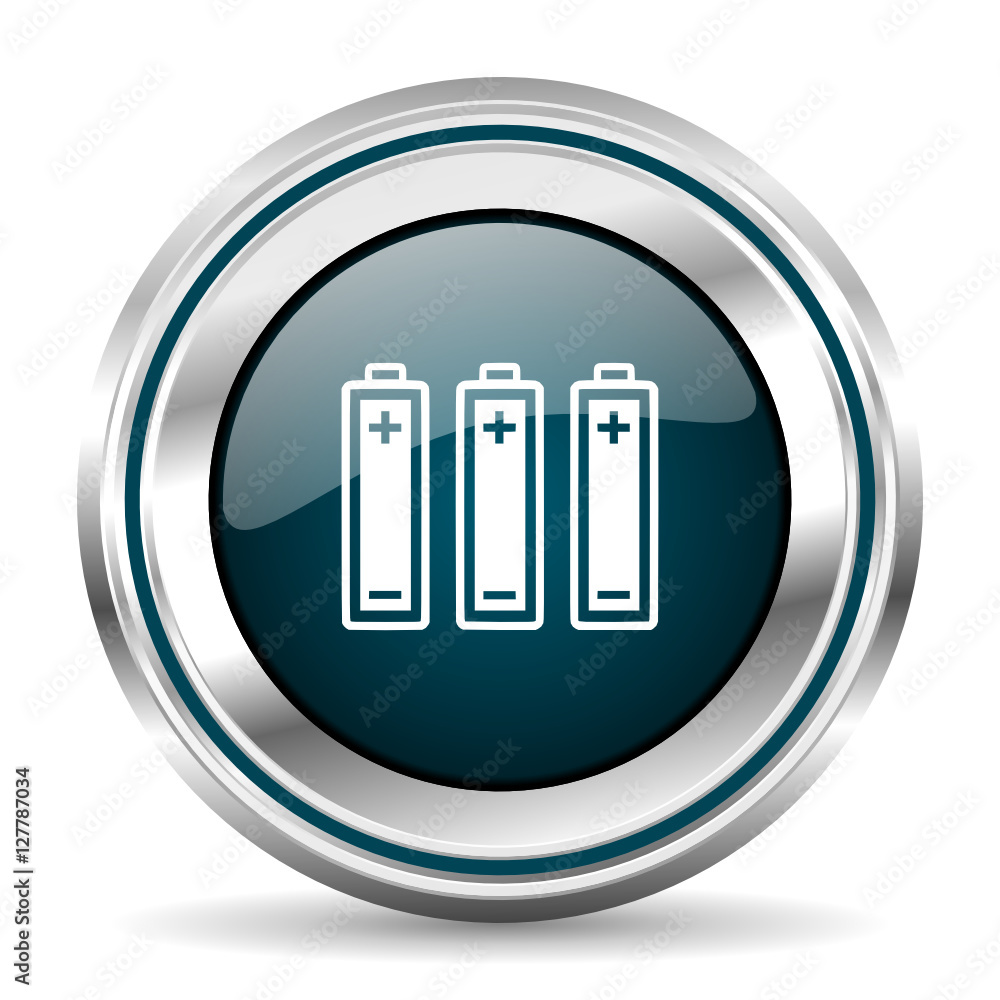 Poster Battery vector icon. Chrome border round web button. Silver metallic pushbutton.