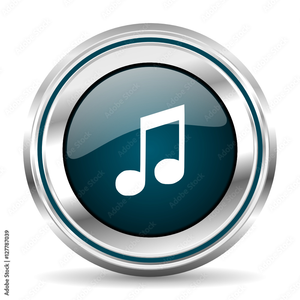 Poster Music vector icon. Chrome border round web button. Silver metallic pushbutton.