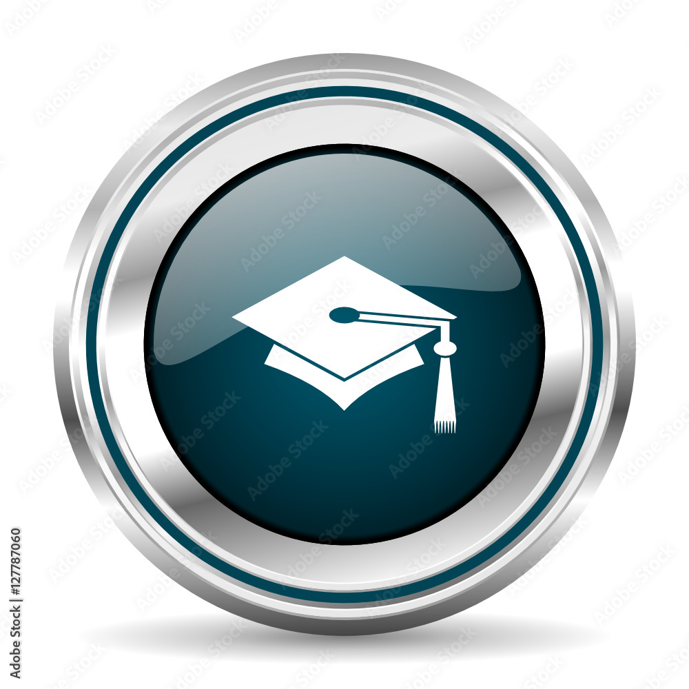 Poster Education vector icon. Chrome border round web button. Silver metallic pushbutton.