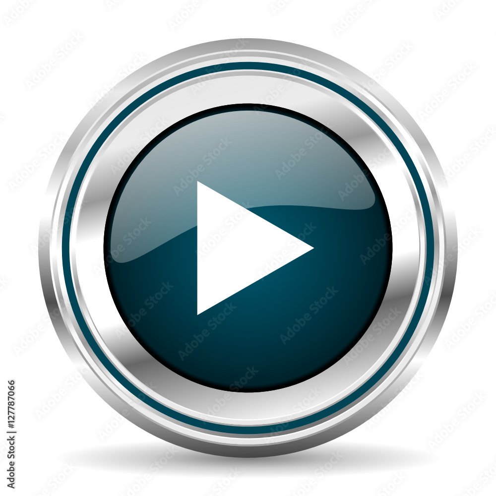 Poster Play vector icon. Chrome border round web button. Silver metallic pushbutton.