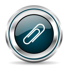 Paperclip vector icon. Chrome border round web button. Silver metallic pushbutton.