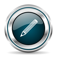 Pencil vector icon. Chrome border round web button. Silver metallic pushbutton.