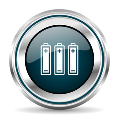 Battery vector icon. Chrome border round web button. Silver metallic pushbutton.