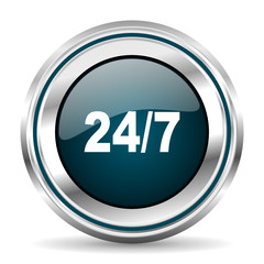 24 hours vector icon. Chrome border round web button. Silver metallic pushbutton.
