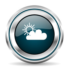 Cloud vector icon. Chrome border round web button. Silver metallic pushbutton.