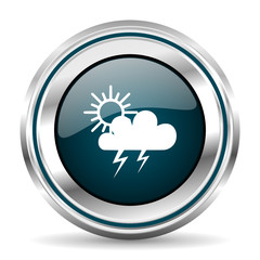 Storm vector icon. Chrome border round web button. Silver metallic pushbutton.