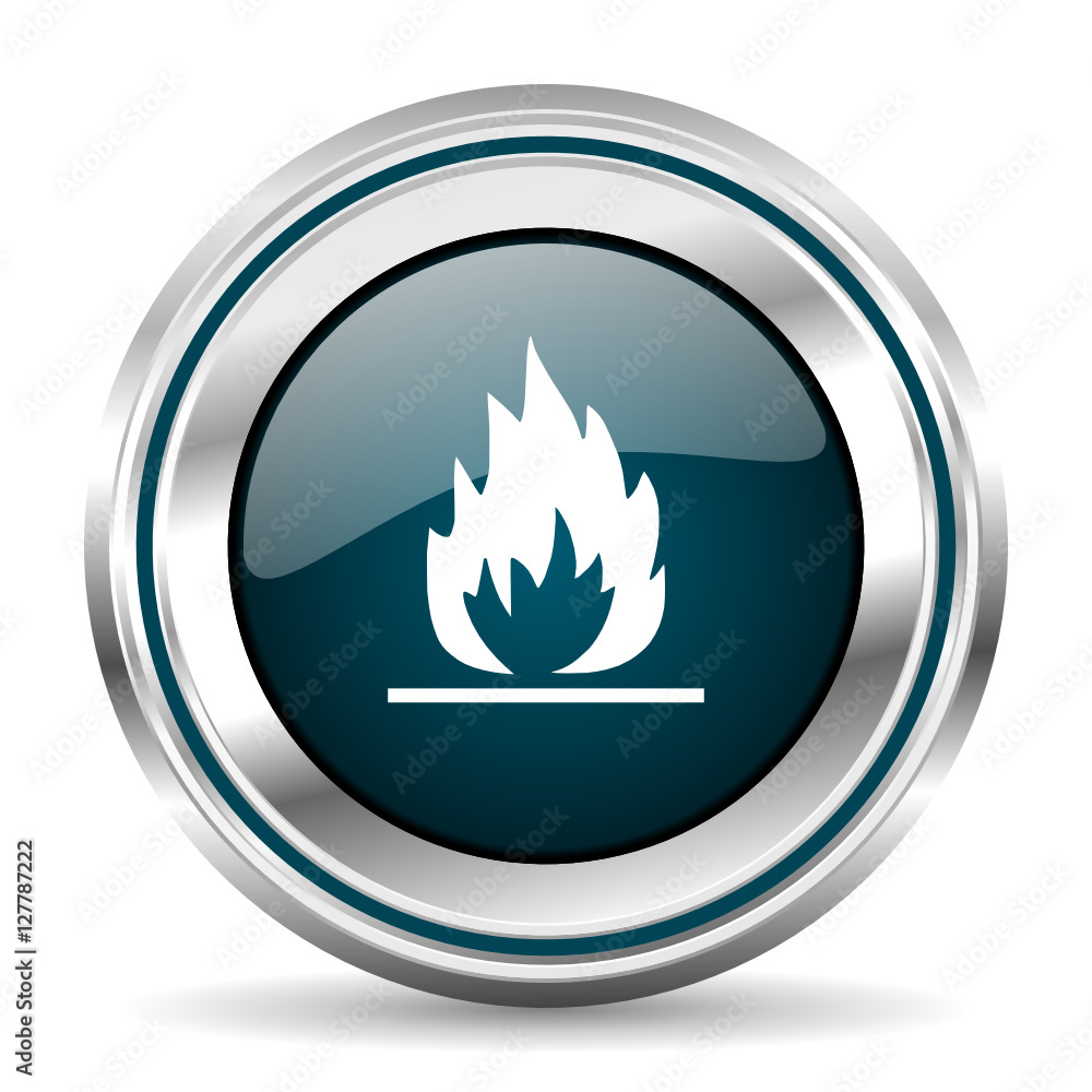 Fototapete Fire vector icon. Chrome border round web button. Silver metallic pushbutton.