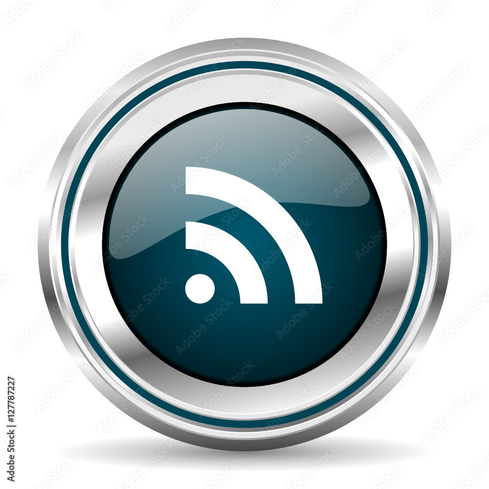 Poster Rss vector icon. Chrome border round web button. Silver metallic pushbutton.