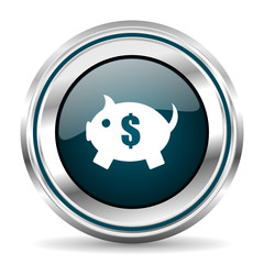 Piggy bank vector icon. Chrome border round web button. Silver metallic pushbutton.
