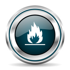 Fire vector icon. Chrome border round web button. Silver metallic pushbutton.