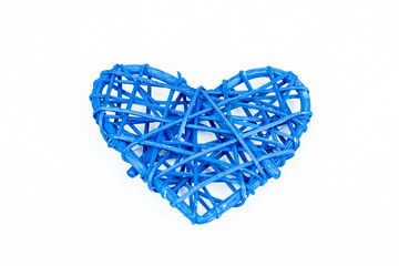 Blue woven Valentines day/Christmas/ Mothers day/ anniversary decorations - heart isolated, on white background. Wicker heart. Closeup.