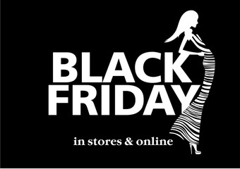 Black friday design. Silhouette of the glamour woman wearing zebra printed long dress and leaning on the black Friday letters. Vector illustration