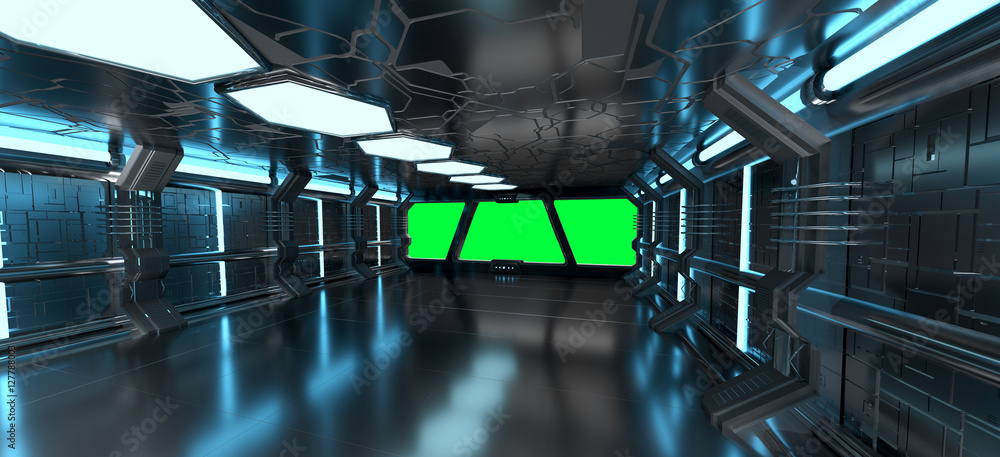 Poster spaceship blue interior with empty window 3d rendering elements