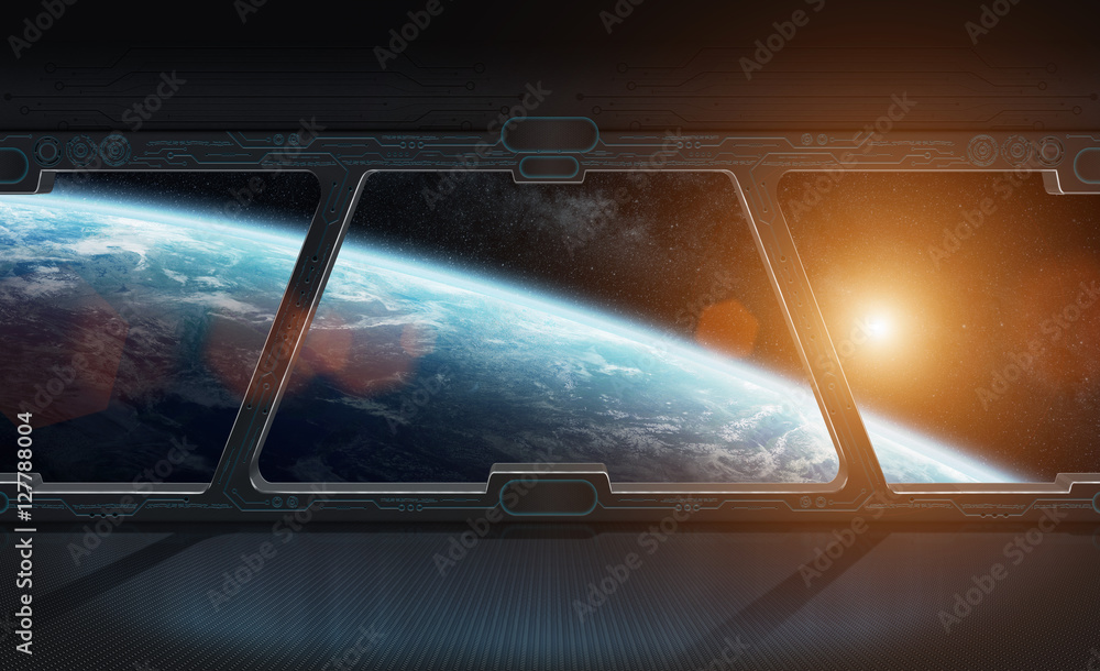 Fototapete view of planet earth from inside a space station 3d rendering el