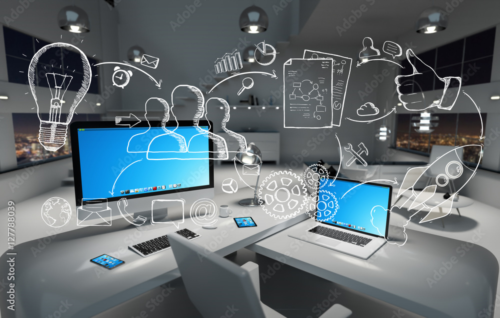 Poster hand drawn project presentation concept in office 3d rendering