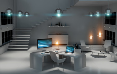 Modern dark desk office interior with computer and devices 3D re