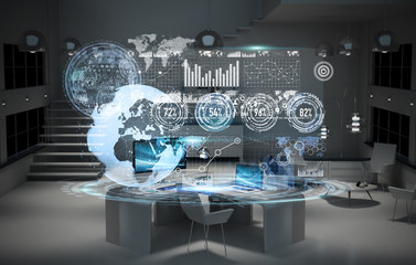 Workplace with modern devices and hologram screens 3D rendering