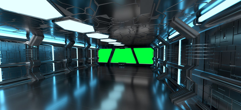 Spaceship blue interior with empty window 3D rendering elements