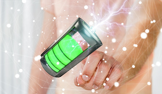 Man touching 3D render battery with lightning with his finger