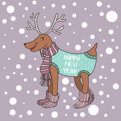 Cartoon funny Christmas deer knitted clothes and socks, hand-drawn vector illustration