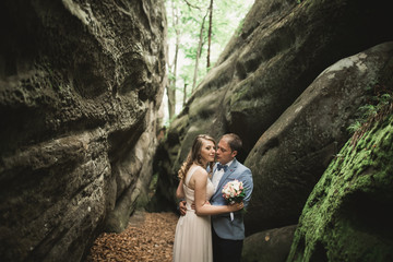 Gorgeous wedding couple kissing and hugging in forest with big rocks