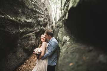 Gorgeous wedding couple kissing and hugging in forest with big rocks