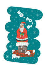 Cartoon character Santa Claus, a symbol of new year holidays and Christmas, for use in printing on greeting cards. Santa Claus holding a gift with background of snowflakes and Christmas trees.