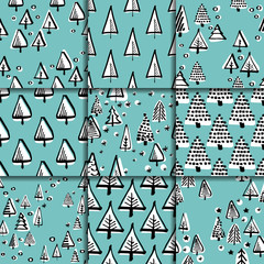 Obraz premium Set scandinavian seamless pattern of Christmas tree vector hand-drawing graphics.