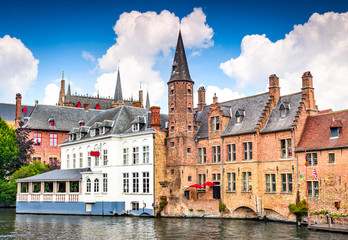 Bruges, Flanders, Belgium - Water canal with flemish houses.
