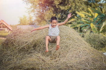 Happy Children wearing a white shirt is playing on straw.
