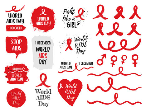 World Aids Day 1 December banner, signs, badges, elements set. Vector concept of aids awareness. Design with text, hand drawn red ribbon, brush strokes, text World AIDS day.