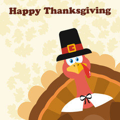 Pilgrim Turkey Bird Cartoon Mascot Character Peeking From A Corner. Illustration Flat Design Over Background With Autumn Leaves And Text Happy Thanksgiving