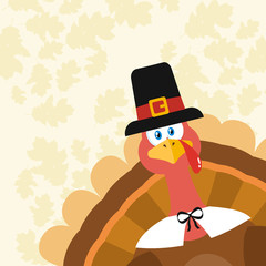 Pilgrim Turkey Bird Cartoon Mascot Character Peeking From A Corner. Illustration Flat Design Over Background With Autumn Leaves