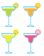 Cocktails glasses set. Pink, green, yellow, orange cocktails with lemon. Vector illustration