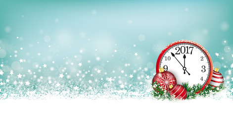 Cyan Christmas Card Header Snowflakes Clock 2017