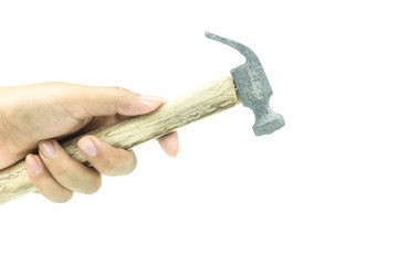 Male hand holding  hammer  isolated on white background