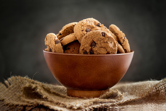 Still life of Close up  chocolate chip cookies in cup bowl