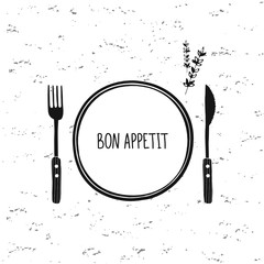 Cutlery vector set. Plate, fork and knife icon. Restaurant cafe design. Bon appetit. Doodle sketch tableware, dishes, dinnerware, utensils. Black and white hand drawn vector illustration. Isolated - 127792473