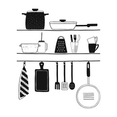 Cookware isolated vector set. Hand drawn kitchenware icons. Kitchen interior design concept. Black and white cooking utensils, kitchen utensils collection. Vector illustration on white background - 127792652